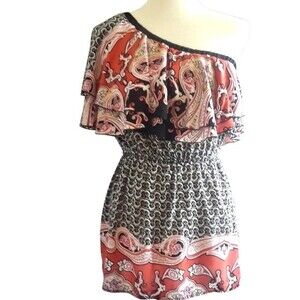 Black and rust one shoulder ruffle top size large